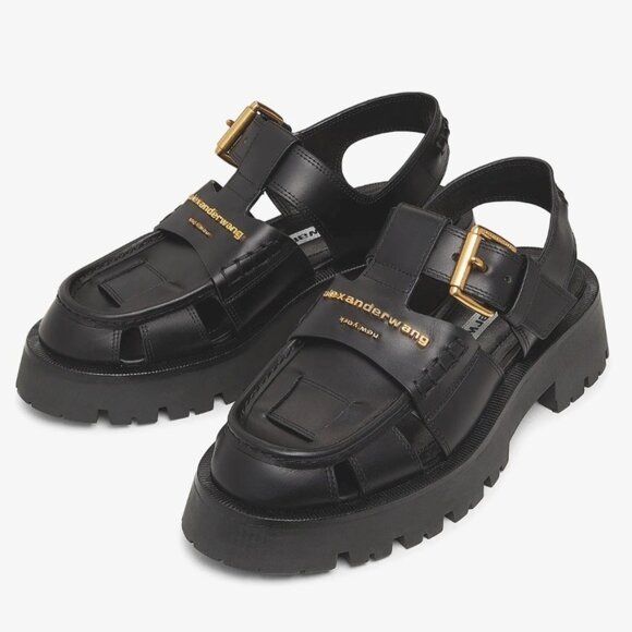 Alexander Wang Carter Cage Sandals Logo Black Leather Chunky Heel Women Size 38 - Picture 2 of 14